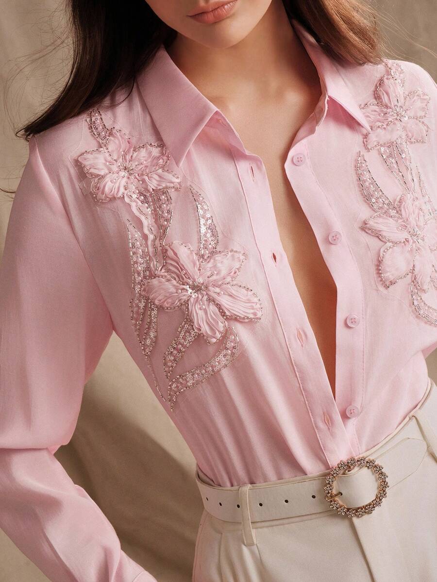 Anewsta 精緻重工珠飾與貼花天絲優雅翻領長袖半透女款襯衫,春季女裝,職場女裝,粉色襯衫,夏季上衣 - 粉色 - 查看 1