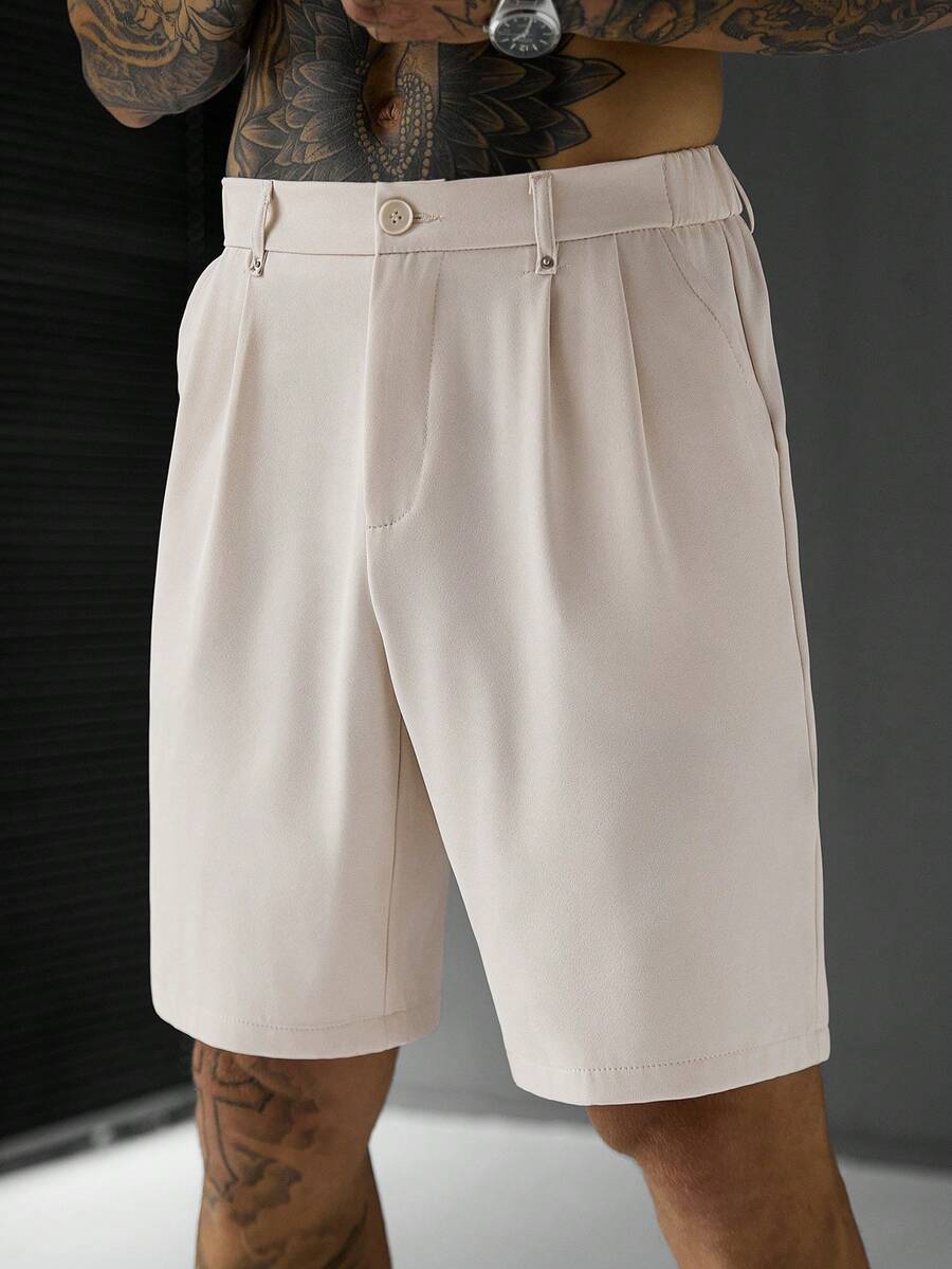 SLATEMANN Men's Beige Casual Shorts, Double Pleat Design, Fashionable Versatile Knee-Length Pants - Apricot - View 1