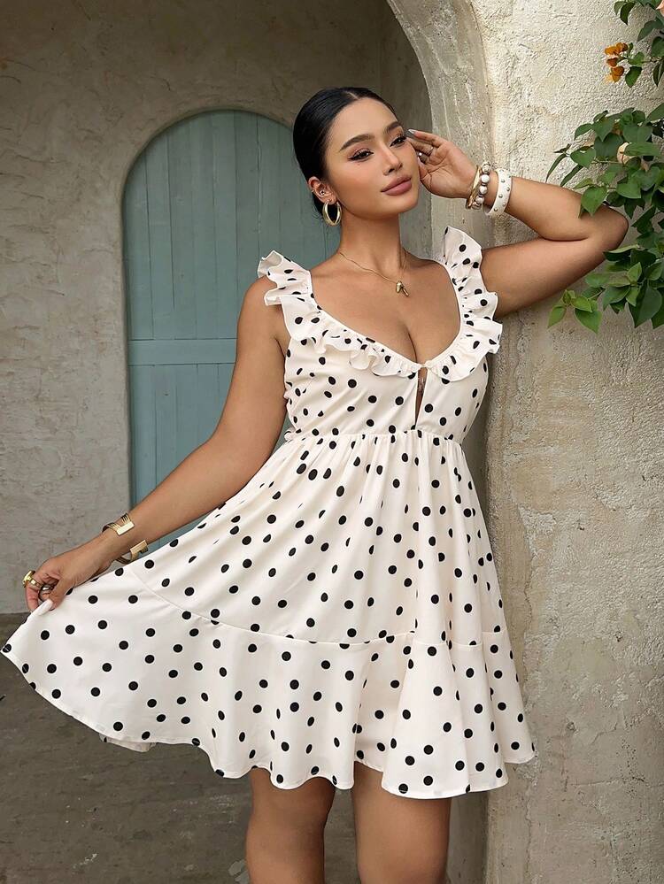 Dazy Plus Fashionable Polka Dot Deep V-Neck Frill Trim Waist Cinched Sexy Mini Dress Dress, Plus Size, Revealing, Spring/Summer
