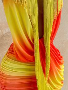 Soleia Women's Orange And Yellow Halter Backless Tassel Design Fashion Date Night Out Party Mini Dress Summer - Burnt Orange - View 5