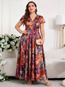 Reflora Plus Size Women's Elegant Floral Print Dress, Summer Wedding Guest Dress - Burgundy - View 5