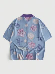 ROMWE MEN Street Life Camisa de punto de manga corta con botones y estampado de criaturas marinas en colores contrastantes para hombre - Multicolor - Ver 2