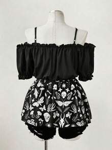 Sunspun Plus Size Gothic Style Print Patchwork Off-Shoulder Camisole Shirt - Blue - View 2