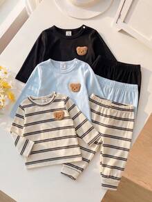 SHEIN Playful Pals 6pcs Newborn Solid Color & Striped Knit Soft Fabric Jumpsuit With 3D Bear Decor, Long Sleeve Round Neck T-Shirt And Elastic Waist Pants Set, Casual Comfortable Nature Style Vintage Cute Outfit, Suitable For Baby Boys And Girls, Fit For Indoor And Outdoor Activities - Multicolor - View 4