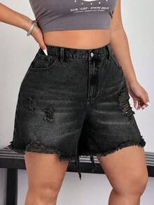 SHEIN EZwear 大码女式休闲日常穿搭做旧口袋纽扣牛仔短裤 - 黑色 - 查看 3