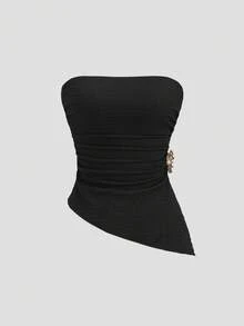 Sweetra Women's Solid Color Metal Decor Ruched Casual Versatile Date Night Tube Top - Black - View 3