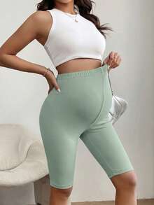 SHEIN Maternity Solid Color Adjustable Waist Casual Basic Versatile Leggings For Daily Wear Gym Sage Green Summer - Green - View 3