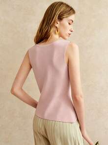 Pariaura Blusa de punto sin mangas con botones delanteros de unicolor para mujer - Rosa Pálido - Ver 2