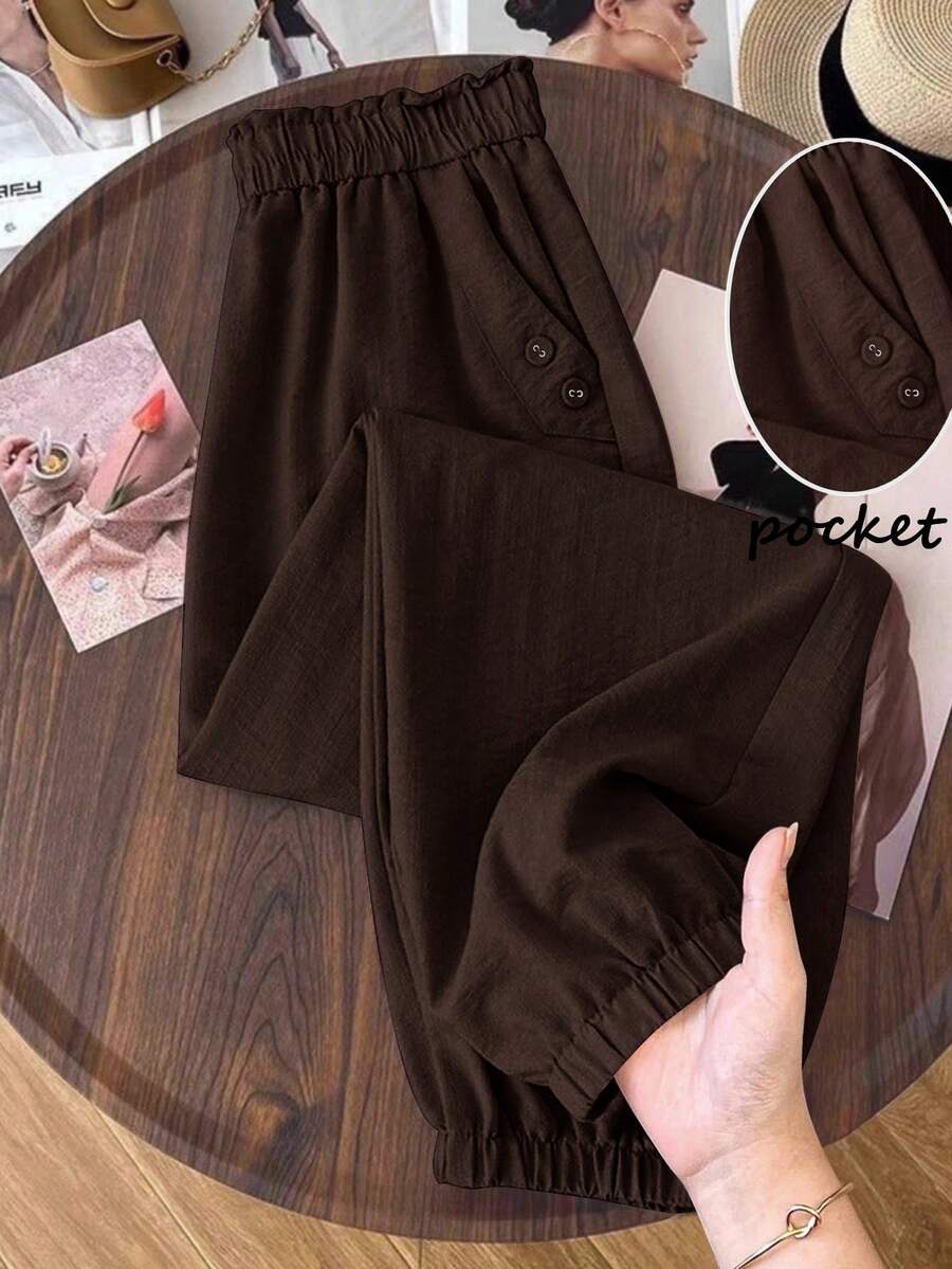 SHEIN LUNE CURVE Plus Size Women Casual Pocketed Button Closure Pants, Versatile For Daily Wear & Commute Fall - Rust Brown - View 1