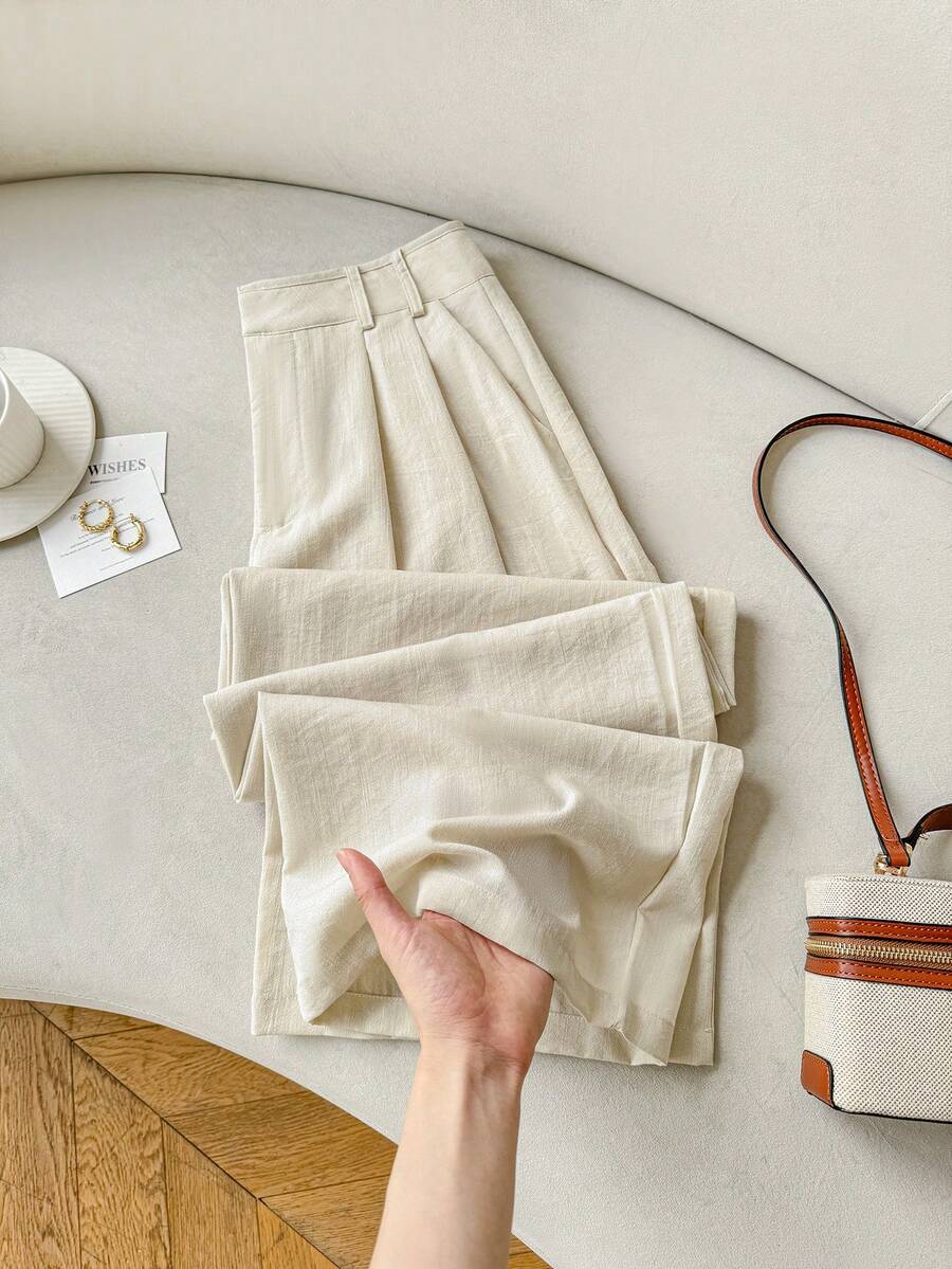 Flirla Women's Solid Color Pleated Straight Loose Casual Business Casual Pants, Summer Teachers' Day Office Beige - Beige - View 1