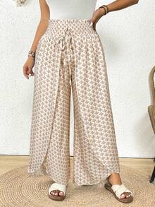 SHEIN Frenchy Quần nữ cỡ lớn cạp chun, in họa tiết, buộc dây, xẻ tà, kiểu dáng thường ngày. - Nhiều màu - Xem 4