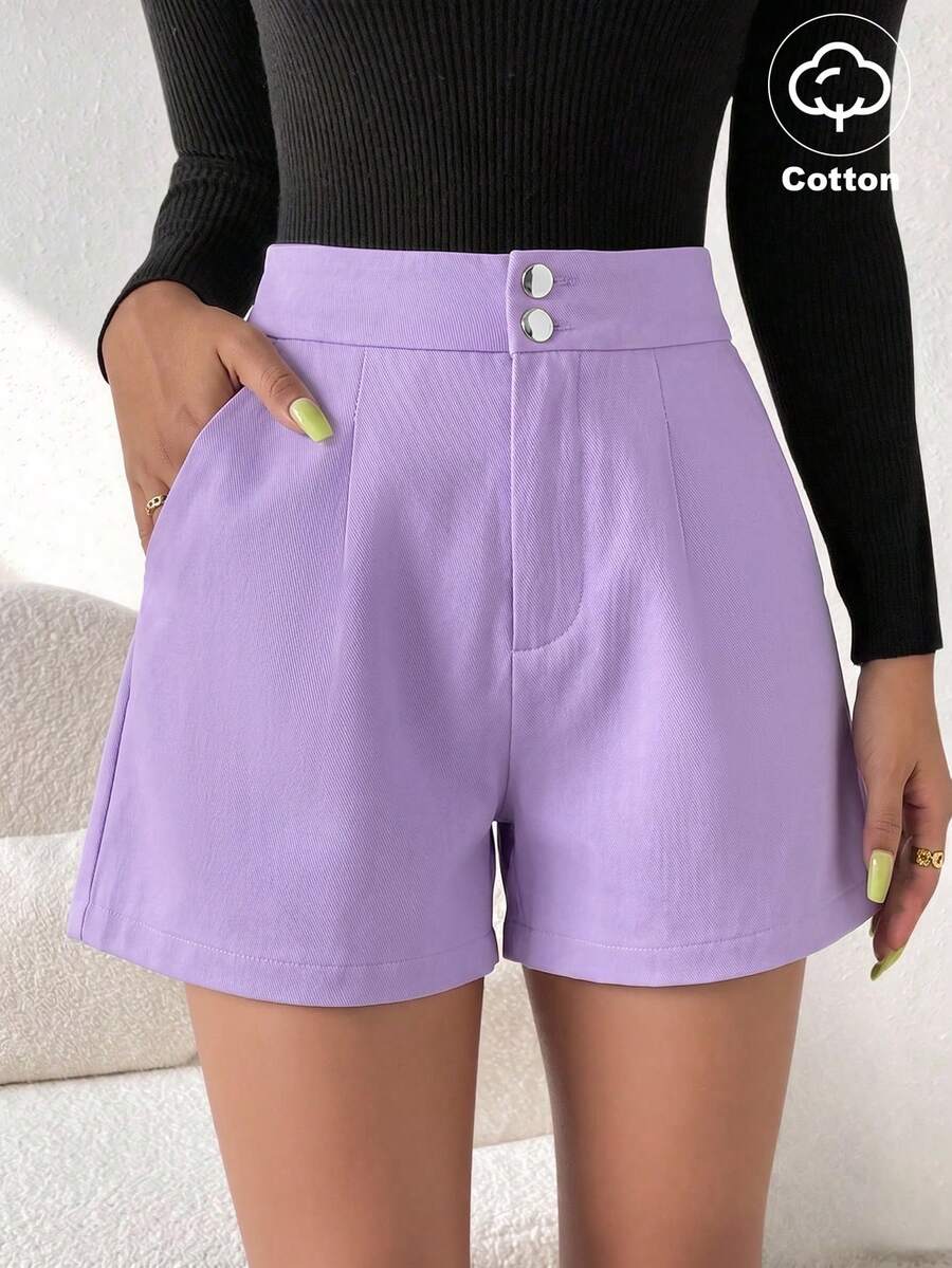 SHEIN Women's Casual Solid Color Shorts, Summer - Purple - View 1