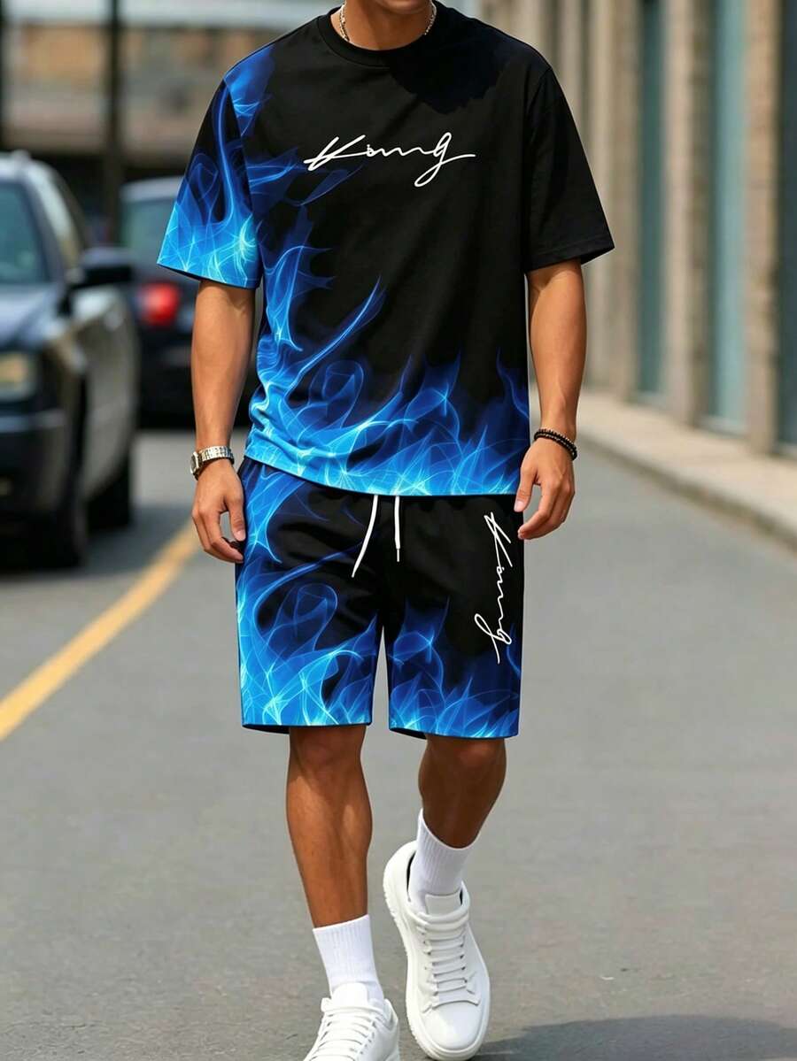 Sorvial 男士酷藍火焰字母印花短袖T恤與短褲套裝,夏季,休閒,街頭風,城市度假街頭時尚之王字母品牌,度假 - 白色 - 查看 1
