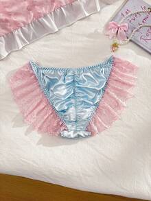PetitDoll Women's Black And Pink,Cute Satin Briefs,Coquette Doll Style Pleated Ruffle Lace Bow Tie Backless High Waist Scalloped Hem Comfortable Contrast Color - White - View 7