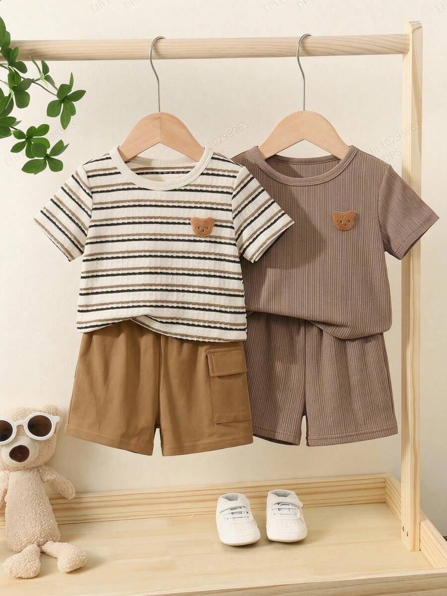 SHEIN 4件套男/女婴夏季韩版可爱卡通印花条纹短袖T恤和松紧腰工装短裤套装 - 彩色 - 查看 1