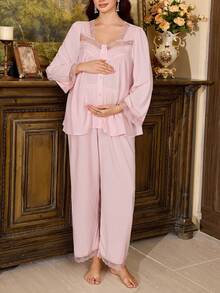 Moonlight&Mama Embroidered Button Comfortable Maternity Top And Casual Lounge Pants Pajama Set - Baby Pink - View 5