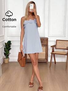 Vestido de verano para mujer, estilo línea A, color albaricoque, con dobladillo de volantes y detalles florales - lago azul - Ver 6