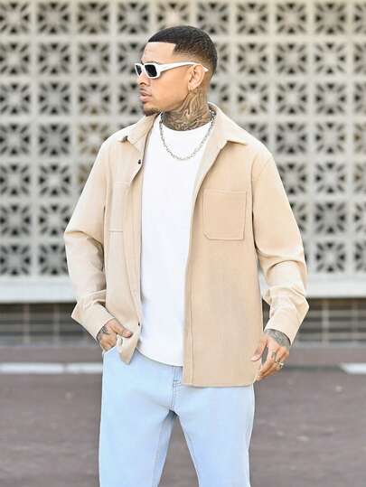 Devon Thys Lightweight Corduroy Polyester Men's Casual Shirt Jacket, Turndown Collar Button Long Sleeve Cardigan With Dual Pockets, Suitable For Daily Casual, Fashion, Commuting, Comfortable Home And Street Wear