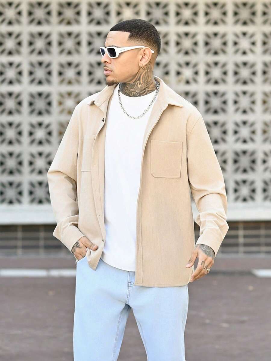 Devon Thys 轻盈灯芯绒涤纶男士休闲衬衫外套，翻领纽扣长袖开衫，带双口袋，适合日常休闲、时尚穿搭、通勤、居家舒适及街头穿着。