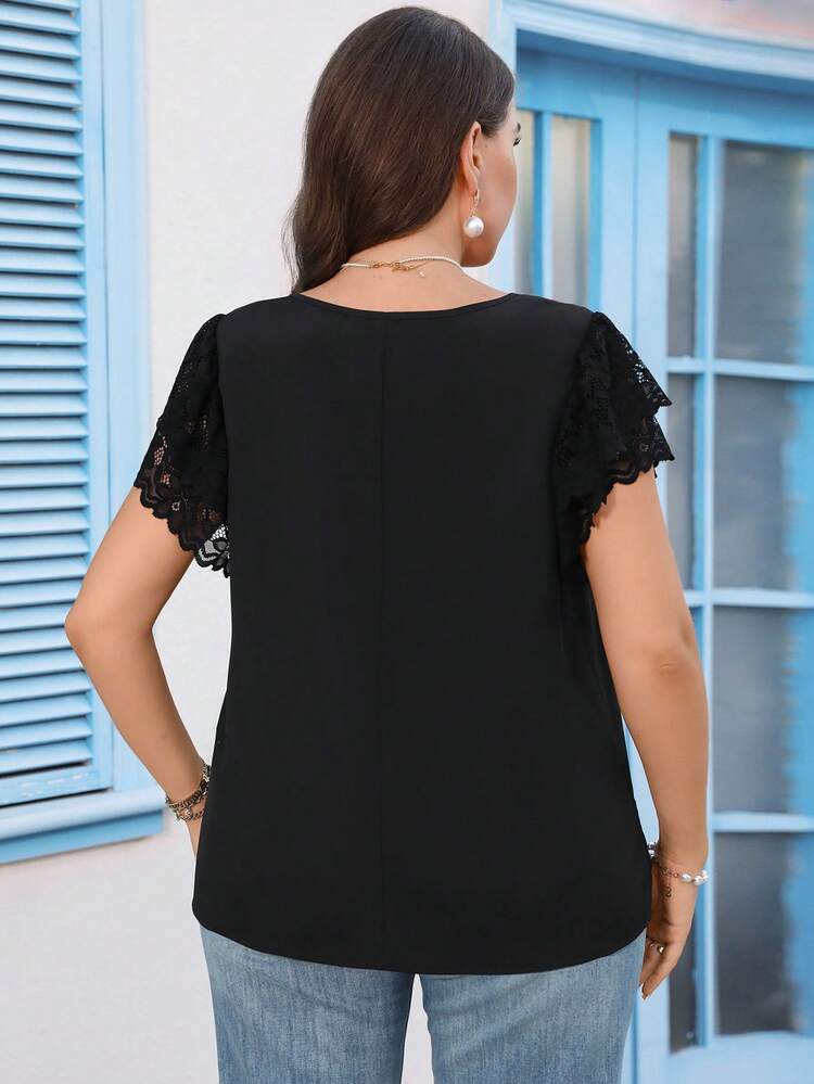 Plus Size Women V-Neck Lace Cuff Splice Casual Everyday Blouse