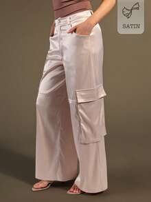 Rouah Women's Solid Color Pocket Button Casual Cargo Pant In Soft Premium Satin, Versatile For Daily Wear - Champagne - View 1