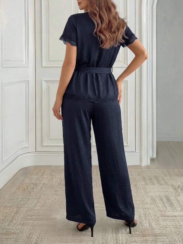 Mother's Day Gift Lace Patchwork Elegant Casual Daily Wear Short Sleeve Wide Leg Pants Outfit, Spring/Summer New Arrival