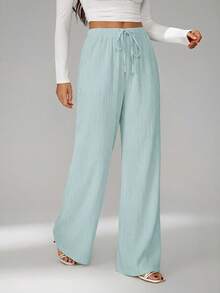 SHEIN Tall Loose Drawstring Waist Trousers In Textured Crinkle Fabric, Tall Women - Baby Blue - View 6