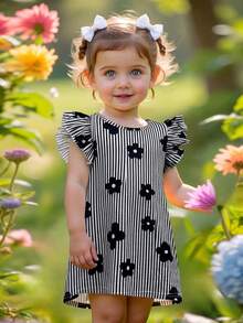 SHEIN Babygirl Cute Knitted Black & White Striped Floral Pattern Cap Sleeve Dress - Black and White - View 4