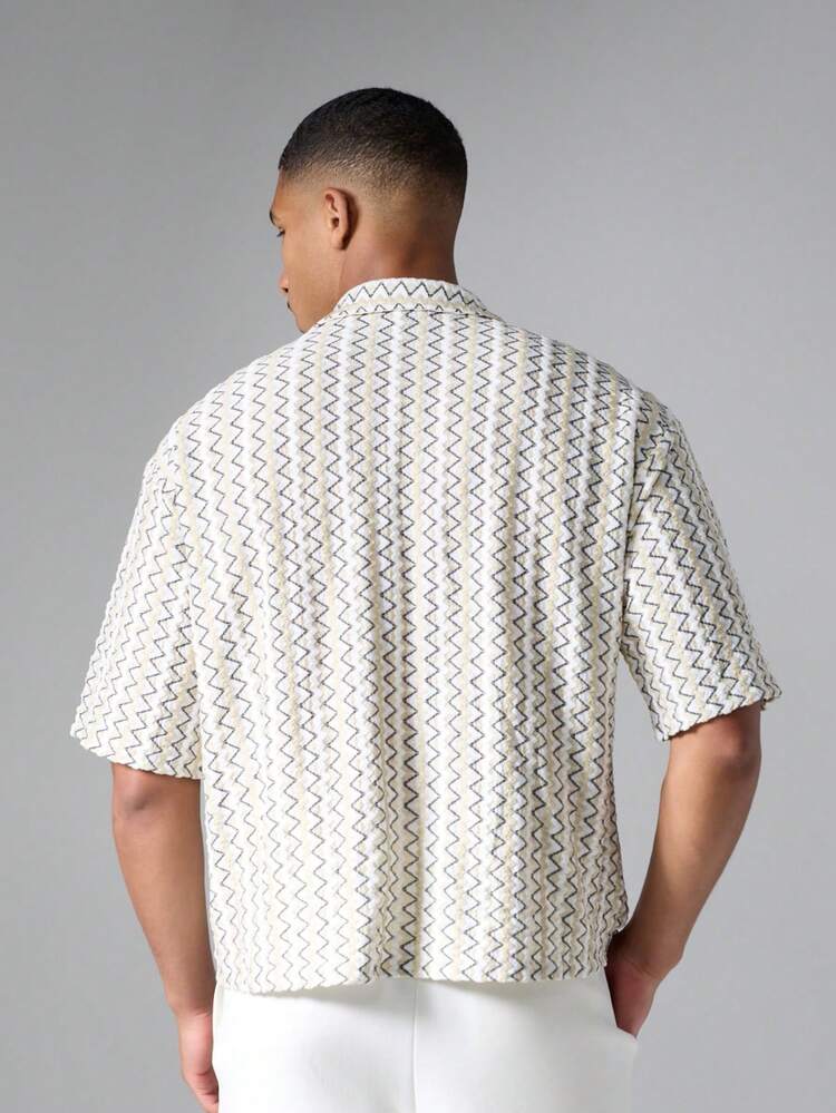 Zig Zag Print Boxy Fit Short Sleeve Button-Up Shirt Summer Holiday Camp Collar
