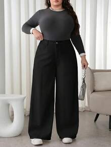 SHEIN Tall CURVE 大尺碼女款休閒寬鬆口袋牛仔長褲 高腰寬腿褲 純白色 寬鬆版型 全長休閒長褲 日常穿搭 通勤法式休閒 冬春 聖誕節 新年 感恩節 假期 畢業 穿搭 時髦 Y2K 可愛街頭風 Coquette 派對 婚禮 優雅商務休閒 女款極簡長褲 - 黑色 - 查看 6