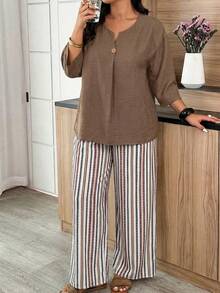 Weeklong Casual Solid Color Shirt And Striped Pants 2 Pieces Set, Plus Size - Multicolor - View 3