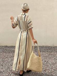 Livesso Damenlanges gestreiftes Kleid mit Revers-V-Ausschnitt und taillierter Taille Sommerkleid - Khaki - Übersicht 2