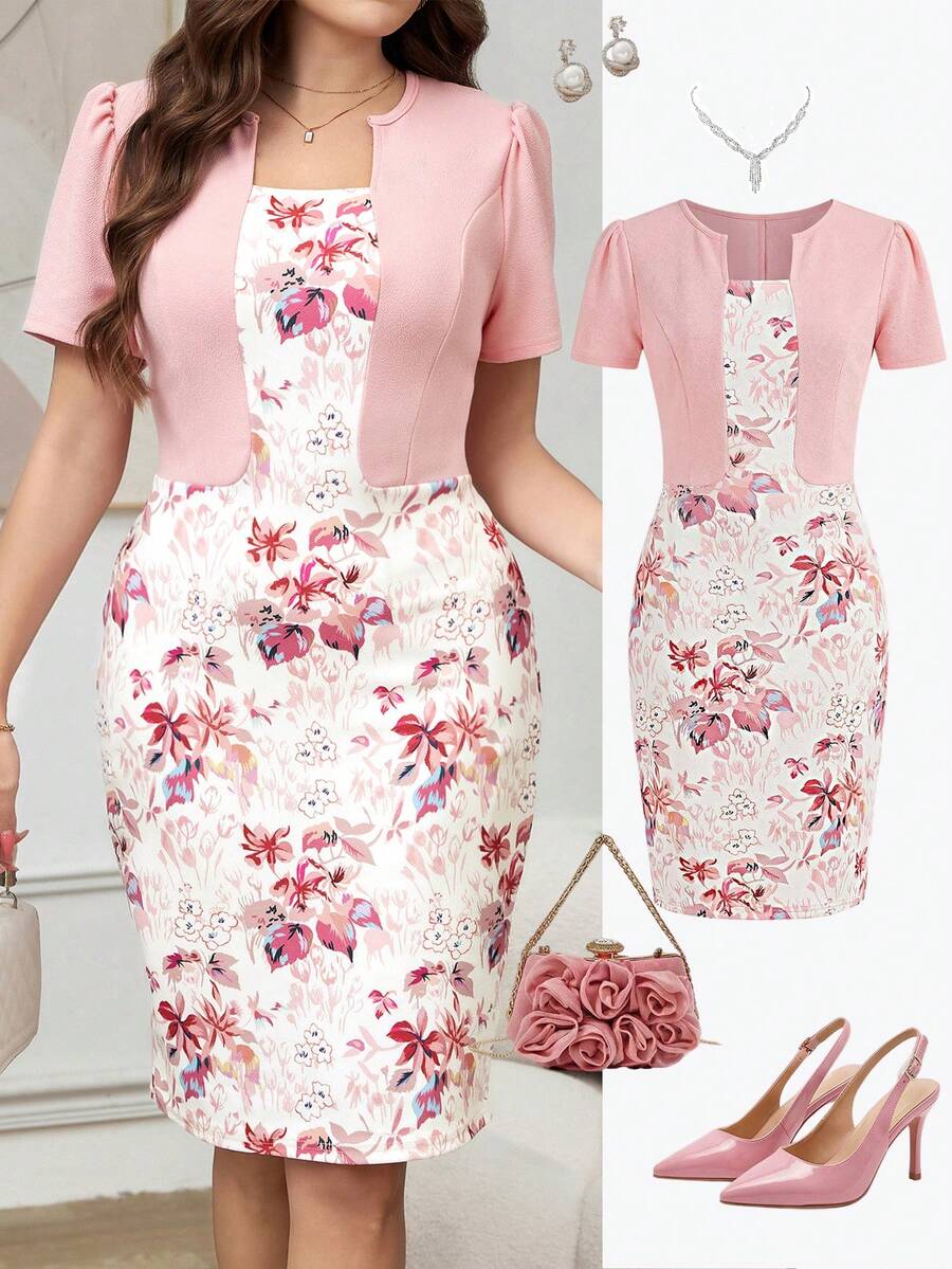 Ellevyn Plus Size 2 In 1 Fitted Floral Print Dress - Pink - View 1