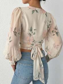 DAZY Floral Print Tie Back Lantern Sleeve Blouse,Long Sleeve Tops,Ruffle,Fall Women Clothes Vacation Outfits Women Easter Boho - Beige - View 9