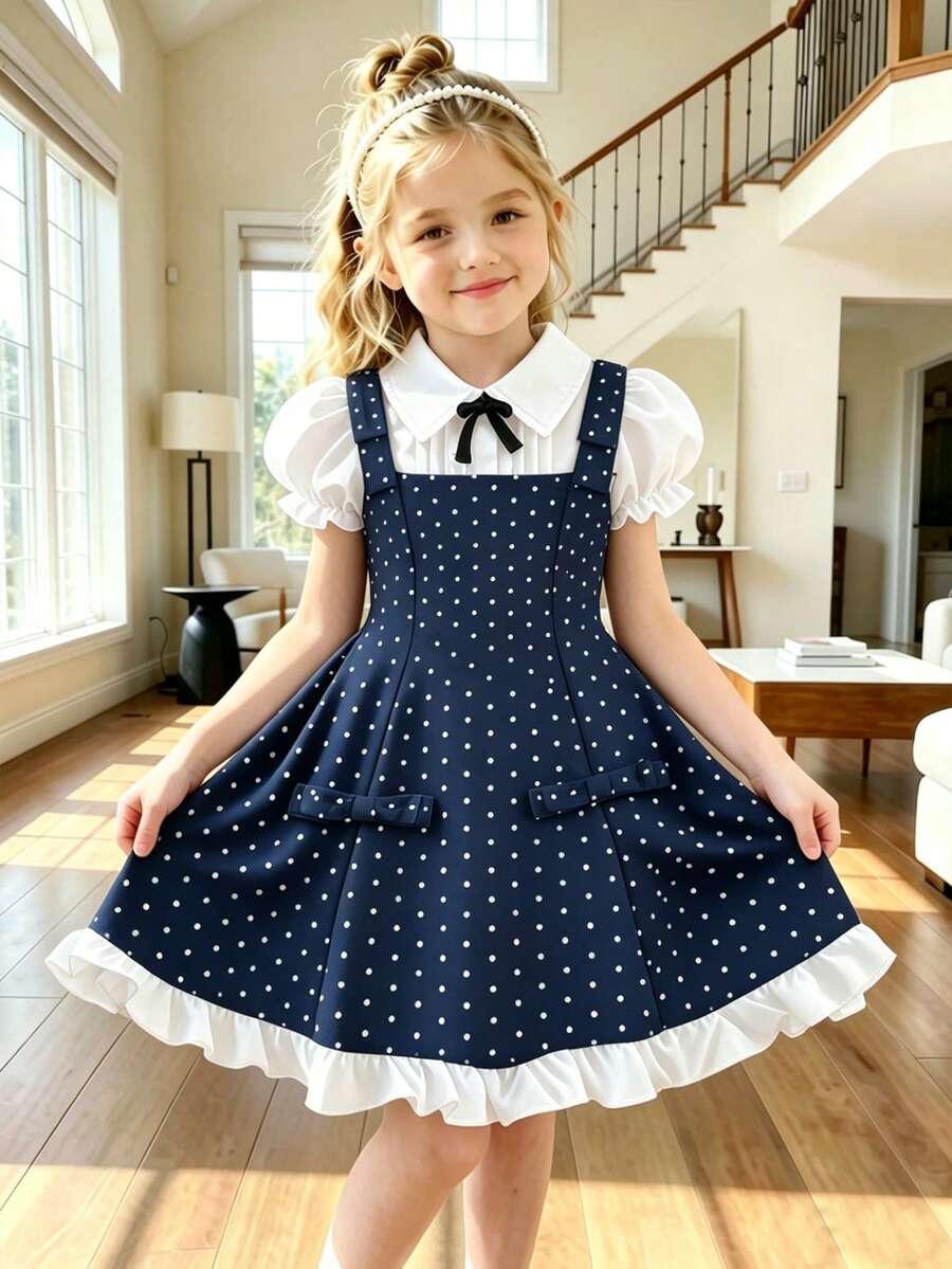 Elladie kids 女童圓點印花白色泡泡袖腰部抓皺A字洋裝蝴蝶結設計