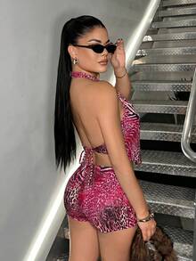 SHEIN SXY 粉紋女款掛脖深V露背連身短褲，適合夜店、派對、泳池、夏季性感迪斯可穿著 - 玫紅色 - 查看 4