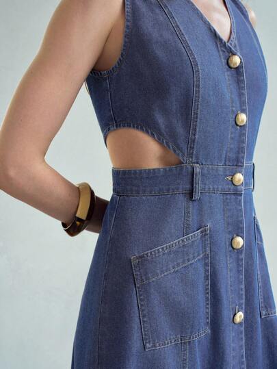 MOTF WOMEN'S SUMMER CASUAL HOLLOW-OUT FRONT BUTTON SLEEVELESS DENIM DRESS