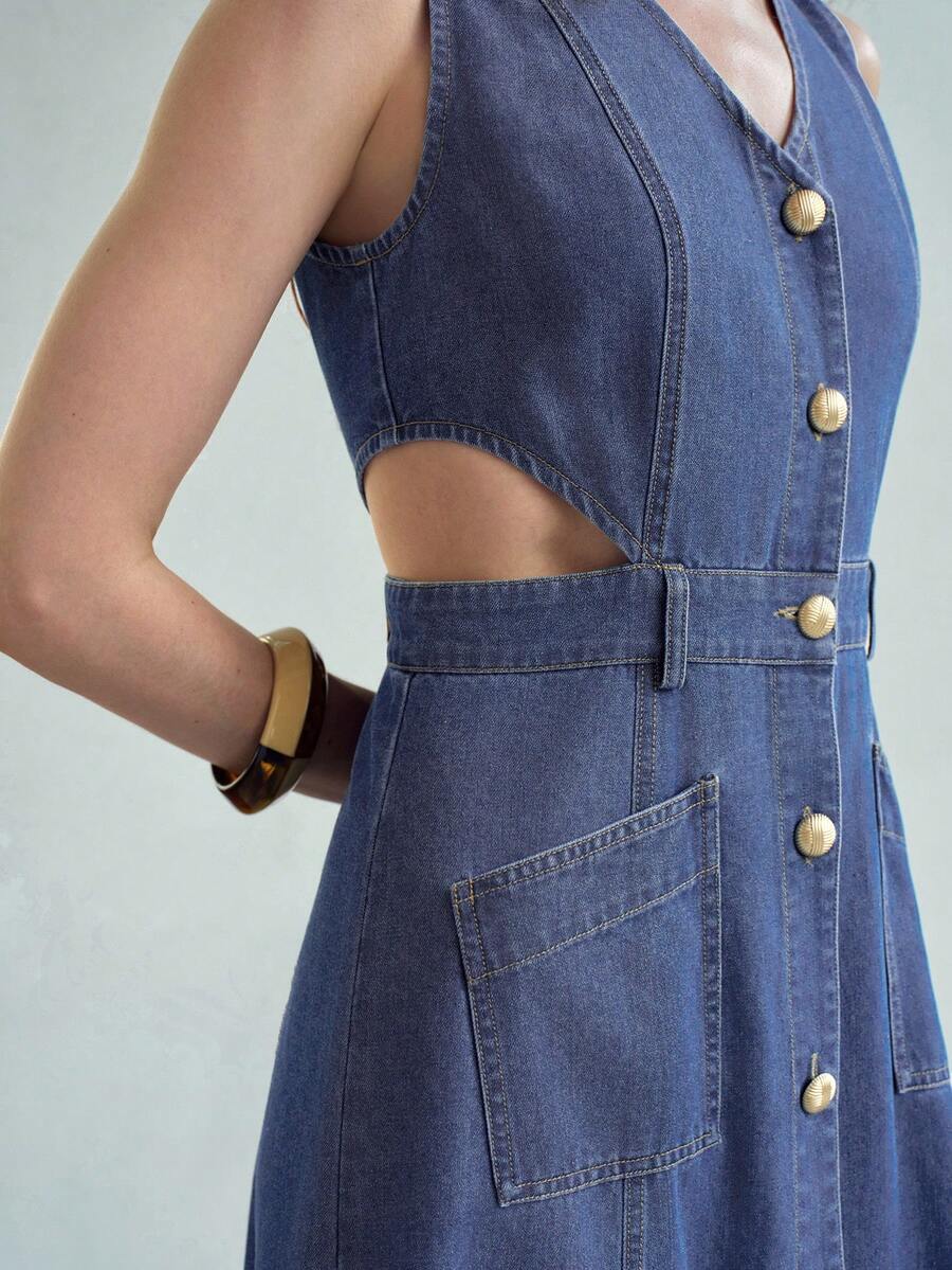MOTF ĐẦM DENIM NỮ MÙA HÈ KIỂU DÁNG THƯỜNG NGÀY, CÓ KHUY CÀI PHÍA TRƯỚC. - Rửa nhẹ - Xem 2