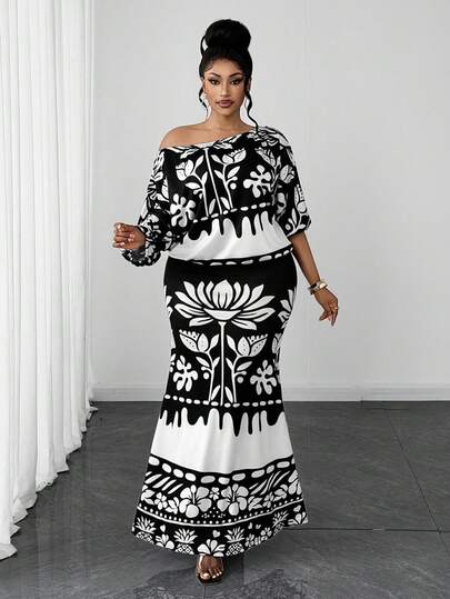 Maweii Plus Size Women's Oblique Collar Off-Shoulder Loose Top & Vintage Black White Contrast Flowy Long Skirt 2-Piece Set