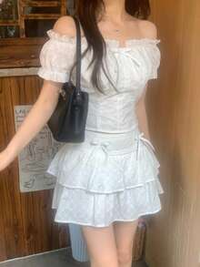 DAZY Women's Lace Elegant French Bow Off-Shoulder Blouse And Double-Layer Ruffle Hem Mini Skirt 2-Piece Set - White - View 1