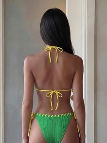 Costavie Ladies' Halter Neck Holiday Triangle Bra And Strap Bikini Bottom Set, Separated Bikini, Summer Beach - Green - View 3