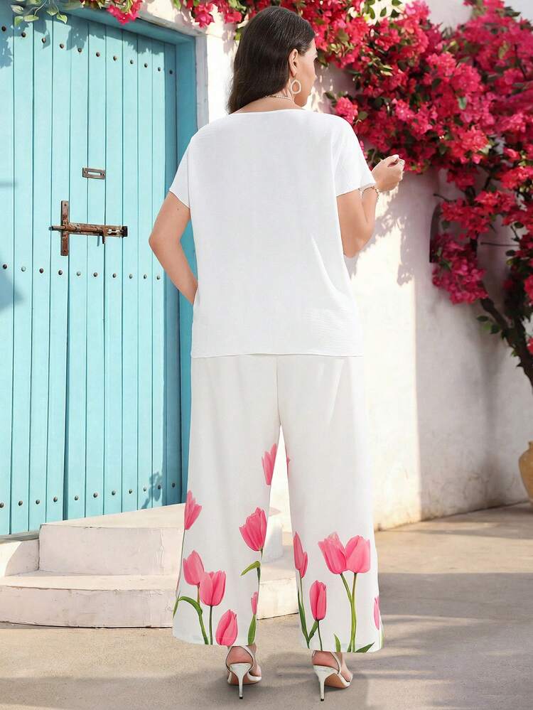 Plus Size Women Floral Print Long Pants And Short Sleeve Set