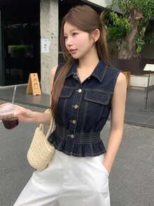 DAZY Women's Korean Style Fitted Casual Denim Blouse, Summer - Blue - View 4