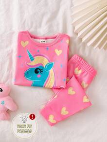 Baby Girls Neon Unicorn & Heart Print Crew Neck Bodysuit & Pants Pajama Set - Multicolor - View 4