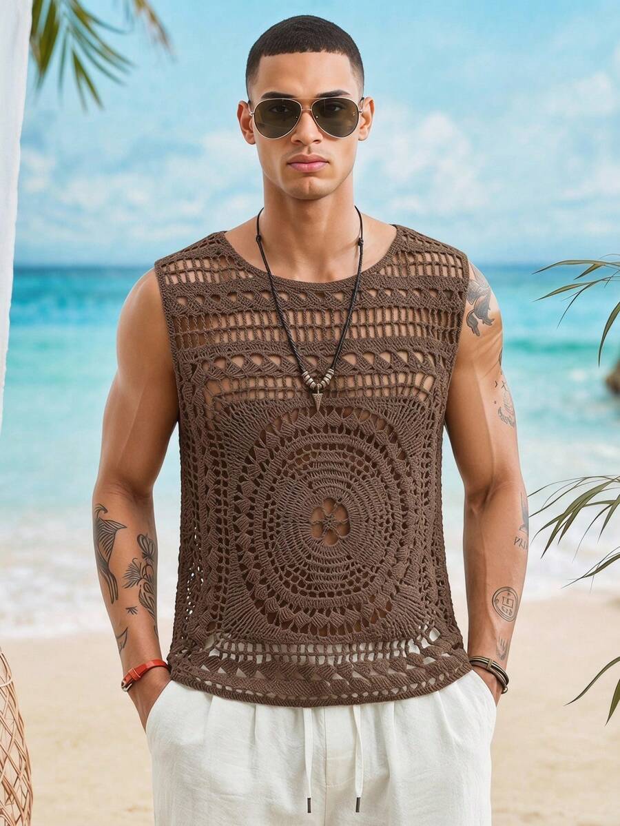 Manfinity VCAY Áo vest dệt kim cổ tròn thiết kế khoét rỗng dành cho nam giới