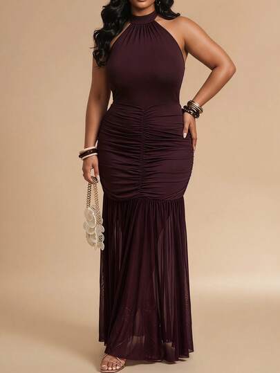 SHEIN BAE CURVE Plus Size Women's Coffee Brown Halter Neck Ruched Fashion Dress