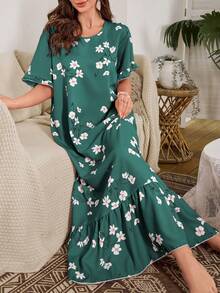 Serenescape Bubble Ruffle Hem Floral Print Long Nightgown - Green - View 4