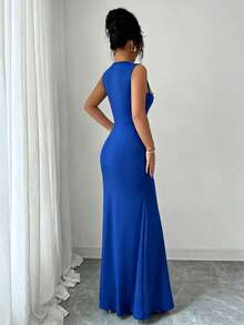 Elenzga Women's Contrast Embroidery Round Neck Mesh Patchwork High Slit Sleeveless Dress - Blue - View 2