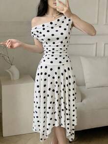 Celisse Đầm nữ kiểu Pháp họa tiết chấm bi, xếp nếp, dáng bất đối xứng. - trắng - Xem 4
