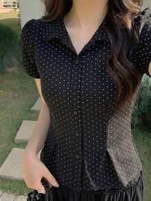 DAZY Women's Turndown Collar Polka Dot Fresh Korean Style All-Over Print Shirt - Black - View 1
